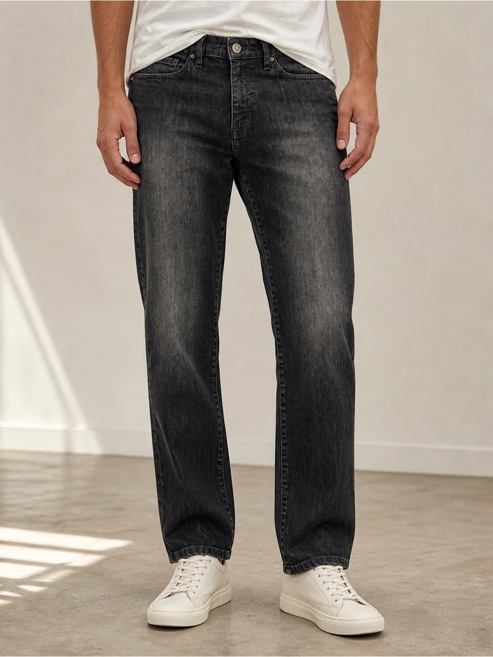 Minimalist Black Straight Jeans 34x30 Stretch Clean Classic Mens
